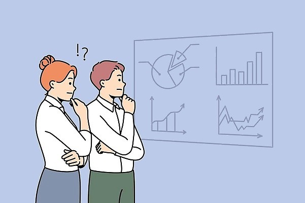 EPS 해외이미지 응시 여자 남자 화살표 와이셔츠 일러스트 비즈니스 그래프 성인 두명 팔짱 턱괴기 물음표 느낌표 성인만 해외202310 해외일러스트 기호 시선 셔츠 모션 사람 파일형식 벡터