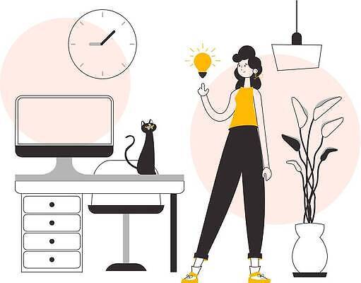 EPS 해외이미지 전신 식물 여자 화분 시계 의자 일러스트 전구 조명 한명 서기 성인 빛 노란색 검은색 가리킴 작업실 라인아트 책상 서랍장 성인여자한명만 해외202310 해외일러스트 1 선 컬러 가구 모션 사람 손짓 여자한명만 성인여자만 파일형식 벡터