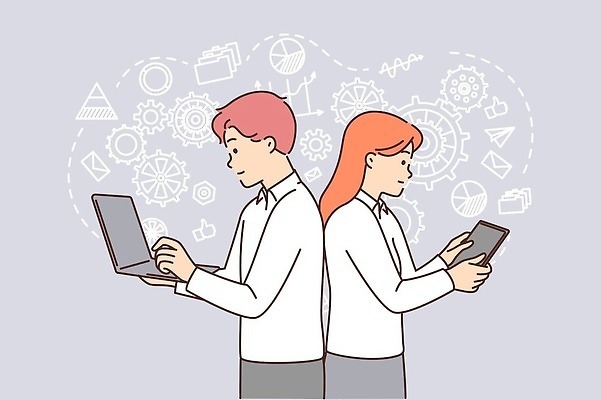 EPS 해외이미지 여자 남자 일러스트 비즈니스 그래프 들기 상반신 성인 두명 노트북 태블릿 회색 등맞대기 톱니바퀴 폴더 성인만 브레인스토밍 해외202310 해외일러스트 컬러 모션 사람 전자제품 스마트기기 파일 파일형식 벡터