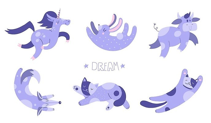 EPS 해외이미지 일러스트 상상 사람없음 보라색 고양이 꿈 토끼 소 여우 유니콘 환상 해외202310 해외일러스트 컬러 컨셉 포유류 반려동물 파일형식 벡터