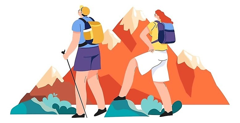 EPS 해외이미지 전신 응시 여자 남자 허리손 가방 일러스트 지팡이 산 성인 두명 등산 즐거움 올리기 성인만 해외202310 해외일러스트 시선 잡화 감정 포즈 모션 사람 트래킹 파일형식 벡터