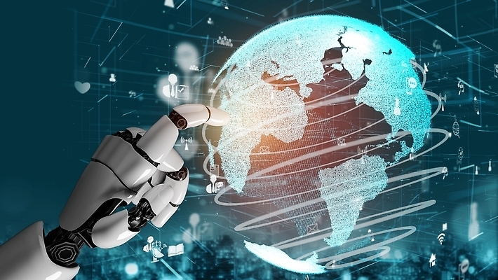 JPG 해외이미지 손 일러스트 미래 기술 신체부위 파란색 지구본 3D 디지털 터치 가리킴 도시 네트워크 로봇 보케 해외202310 해외포토 포토 컬러 컨셉 사람 손짓 디지털합성 파일형식