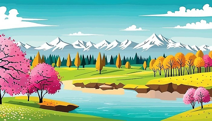 EPS 해외이미지 백그라운드 일러스트 하늘 산 꽃나무 사람없음 물 강 들꽃 분위기 해외202310 해외일러스트 자연요소 나무 꽃 컨셉 파일형식 벡터