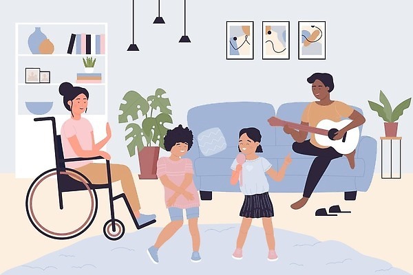 EPS 해외이미지 전신 무료이미지 여자 남자 행복 어린이 일러스트 노래 가족 엄마 책장 앉기 소년 여러명 성인 책 소파 기타 춤 아빠 장애인 휠체어 해외202310 해외일러스트 감정 음악 가구 다수 의자 관계 모션 현악기 문화예술 사람 장애 파일형식 벡터