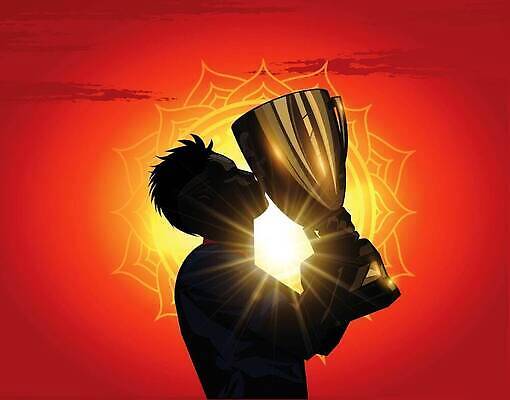 EPS 해외이미지 컨셉 일러스트 성공 기념 컵 빨간색 축구 잡기 황금 대표 상패 트로피 리더 복고 골 승자 챔피언 플레이어 해외202310 해외일러스트 식기 컬러 모션 구기 상_우승 파일형식 벡터