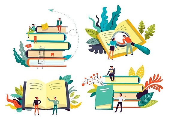 EPS 해외이미지 전신 여자 교육 남자 잎 일러스트 사다리 돋보기 앉기 여러명 성인 책 독서 쌓기 탑 북마크 엘리먼트 성인만 해외202310 해외일러스트 식물 건축물 다수 모션 사람 도구 파일형식 벡터
