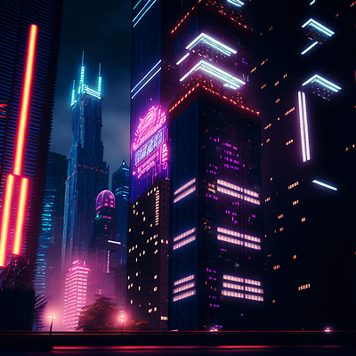 JPG 해외이미지 나무 일러스트 미래 사람없음 건물 빛 고층빌딩 어둠 도시 도심 네온 스카이라인 빌딩숲 해외202310 해외일러스트 식물 건축물 컨셉 빌딩 파일형식
