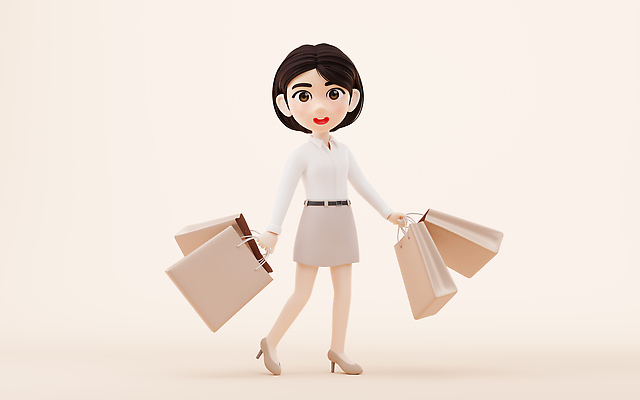 JPG 해외이미지 전신 응시 여자 구두 셔츠 한명 들기 성인 치마 쇼핑백 3D 베이지색 성인여자한명만 해외202310 해외포토 포토 1 시선 컬러 신발 상의 가방 모션 하의 사람 디지털합성 여자한명만 성인여자만 파일형식