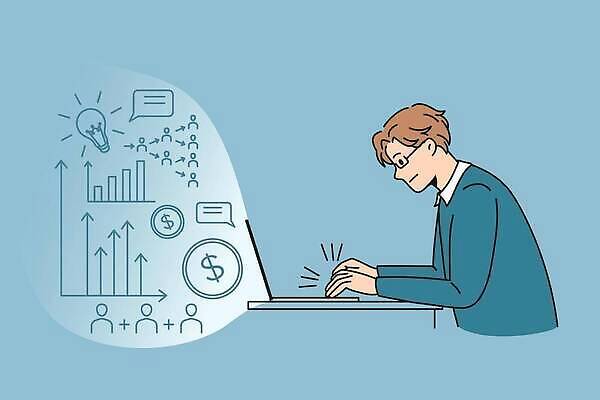 EPS 해외이미지 남자 화살표 안경 말풍선 일러스트 비즈니스 전구 그래프 사람모양 한명 성인 노트북 달러 동전 타이핑 성인남자한명만 해외202310 해외일러스트 모양 1 잡화 돈 사람 전자제품 남자한명만 성인남자만 파일형식 벡터