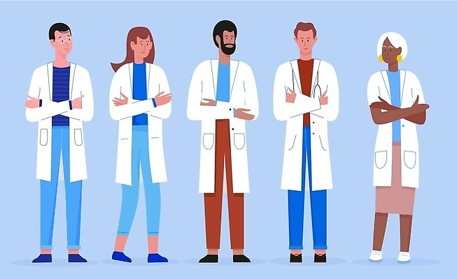 EPS 해외이미지 전신 여자 남자 일러스트 의학 청진기 여러명 성인 팔짱 의사 성인만 해외202310 해외일러스트 다수 의료기기 모션 사람 의료진 파일형식 벡터