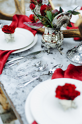 포토 JPG 해외이미지 접시 리본 화분 포크 식탁 사랑 사람없음 빨간색 장미 숟가락 저녁식사 화려 나이프 해외202310 해외포토 식기 꽃 감정 컬러 컨셉 탁자 수저 식사 칼 파일형식