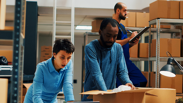 포토 JPG 해외이미지 백인 여자 남자 흑인 포장 노동자 실내 상반신 성인 앞모습 옆모습 세명 상자 작업 물류창고 성인만 해외202310 해외포토 서양인 직업 뷰포인트 사람 내부 창고 파일형식