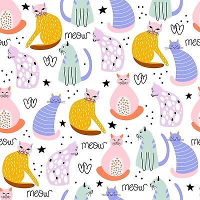 EPS 해외이미지 별 패턴 일러스트 추상 사람없음 컬러풀 고양이 패턴백그라운드 하트 만화 손그림 해외202310 해외일러스트 자연요소 모양 컬러 백그라운드 무늬 포유류 반려동물 파일형식 벡터