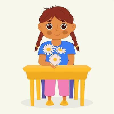 EPS 해외이미지 전신 여자 꽃 어린이 인물캐릭터 의자 일러스트 한명 들기 앉기 책상 소녀한명만 해외202310 해외일러스트 일러캐릭터 식물 캐릭터 1 가구 모션 사람 여자한명만 소녀만 파일형식 벡터