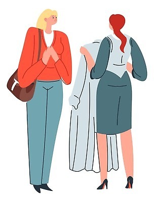 EPS 해외이미지 드레스 옷 여자 일러스트 들기 성인 두명 쇼핑 상점 종업원 고객 직원 보여주기 성인여자만 해외202310 해외일러스트 직업 모션 사람 여자만 성인만 파일형식 벡터