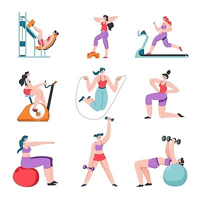 EPS 해외이미지 전신 여자 일러스트 들기 앉기 여러명 성인 운동복 달리기 운동 자전거 기댐 아령 짐볼 받침대 줄넘기 런닝머신 올리기 성인여자만 해외202310 해외일러스트 옷 다수 모션 건강 사람 바이크 운동기구 여자만 성인만 파일형식 벡터