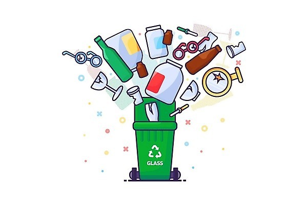 EPS 해외이미지 디자인 일러스트 유리 술병 유리병 사람없음 손상 쓰레기통 분리수거 해외202310 해외일러스트 컨셉 재질 병_용기 주류 파일형식 벡터