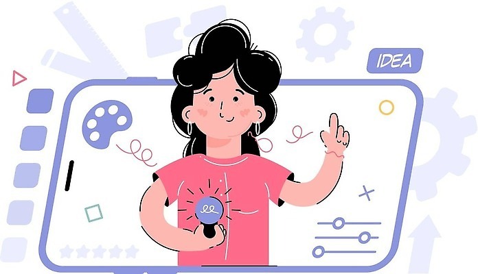 EPS 해외이미지 여자 교육 생각 일러스트 전구 아이디어 한명 들기 상반신 성인 스마트폰 학습 스마트 성인여자한명만 해외202310 해외일러스트 1 컨셉 모션 사람 핸드폰 스마트기기 여자한명만 성인여자만 파일형식 벡터