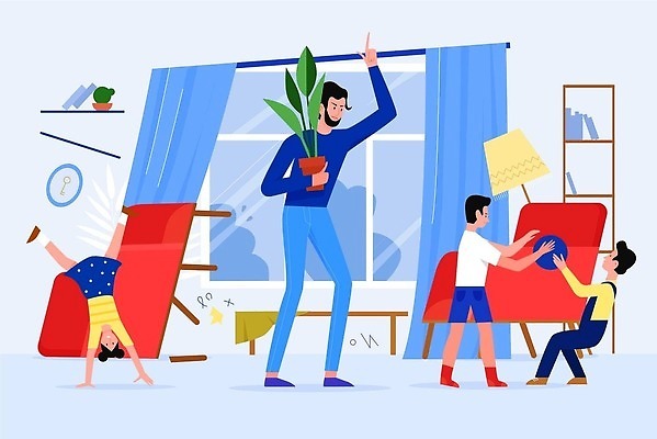 EPS 해외이미지 전신 식물 여자 남자 행복 화분 어린이 일러스트 장난 공 창문 가족 탁자 전등 소년 여러명 성인 소파 분노 커튼 아빠 물구나무 난장판 해외202310 해외일러스트 감정 가구 다수 컨셉 의자 관계 모션 조명 사람 파일형식 벡터