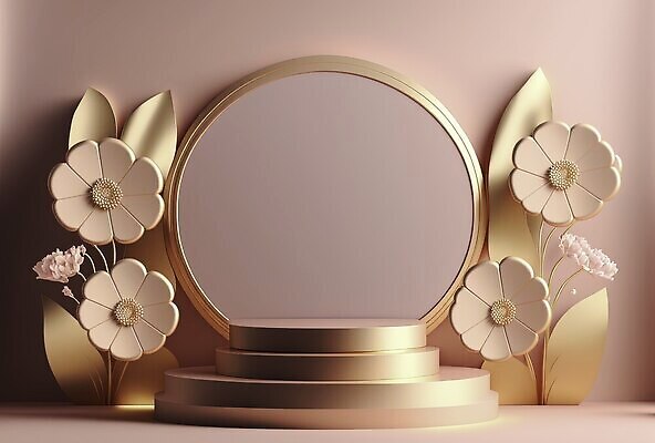 포토 JPG 해외이미지 꽃 분홍색 백그라운드 사람없음 3D 금색 원형 광택 단상 파스텔톤 포디움 해외202310 해외포토 도형 식물 컬러 무대 디지털합성 파일형식