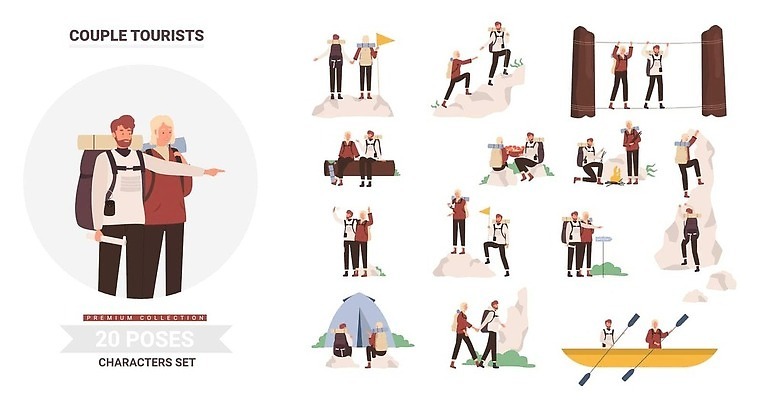 EPS 해외이미지 캐릭터 디자인 커플 스포츠 여행 포즈 컨셉 일러스트 배낭 자연 산 수염 함께함 사람 앉기 야외 세트 여행객 걷기 캠핑 하이킹 깃발 모닥불 만화 오르기 카약 고립 하이커 벡터 해외202310 해외일러스트 일러캐릭터 가방 관계 모션 불 레저 수상스포츠 생태계 파일형식