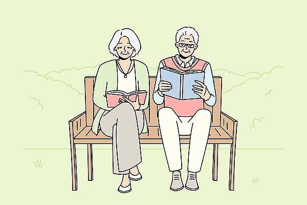 EPS 해외이미지 여자 할아버지 노년 남자 할머니 벤치 일러스트 들기 앉기 두명 책 독서 다리꼬기 읽기 노인만 안경낌 해외202310 해외일러스트 안경 의자 모션 사람 성인 성인만 파일형식 벡터