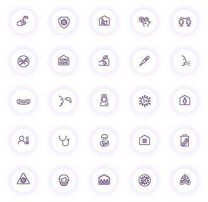 EPS 해외이미지 디자인 선 컬러 일러스트 모바일 거리 건강 그림자 경고 빛 세트 픽토그램 약 보라색 웹 열 원형 주름 호흡기관 바이러스 빨래 질병 심볼 사인 예방 윤곽 감염 온도 UI 얇은 전염병 증상 타격 팁 벡터 코로나바이러스 해외202310 해외일러스트 도형 가사 인터넷 의학 모션 장기_의학 파일형식