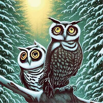 EPS 해외이미지 나무 두마리 겨울 일러스트 사람없음 숲 부엉이 해외202310 해외일러스트 식물 계절 2 조류 파일형식 벡터