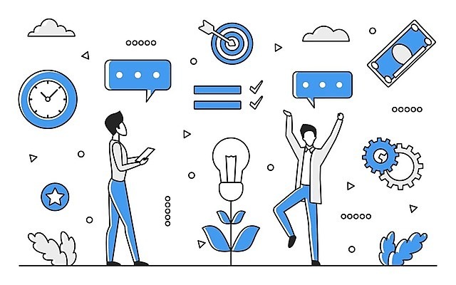 EPS 해외이미지 전신 식물 남자 말풍선 일러스트 비즈니스 성인 두명 파란색 디지털 정보 업무 스마트 분석 온라인 경영 데이터베이스 인터페이스 해외202310 해외일러스트 컬러 컨셉 사람 작업 파일형식 벡터