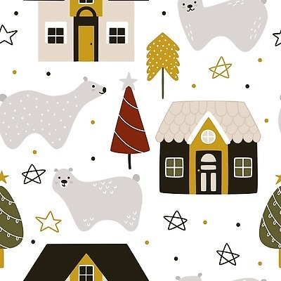 EPS 해외이미지 겨울 패턴 일러스트 주택 사람없음 크리스마스트리 마을 흰색 북극곰 해외202310 해외일러스트 계절 컬러 크리스마스 무늬 곰 건물 파일형식 벡터