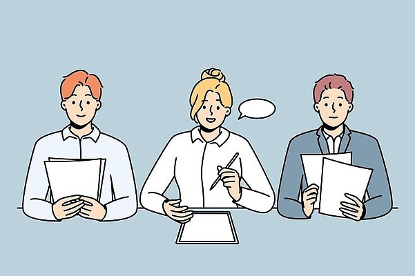 EPS 해외이미지 여자 남자 말풍선 와이셔츠 일러스트 비즈니스 들기 성인 세명 펜 면접 문서 성인만 해외202310 해외일러스트 셔츠 모션 사람 필기구 파일형식 벡터