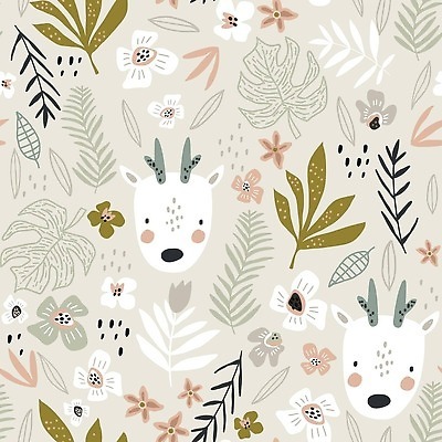 EPS 해외이미지 디자인 꽃 패턴 일러스트 벽지 사슴 사람없음 귀여움 풀잎 베이지색 해외202310 해외일러스트 식물 컬러 컨셉 잎 무늬 포유류 풀_식물 파일형식 벡터
