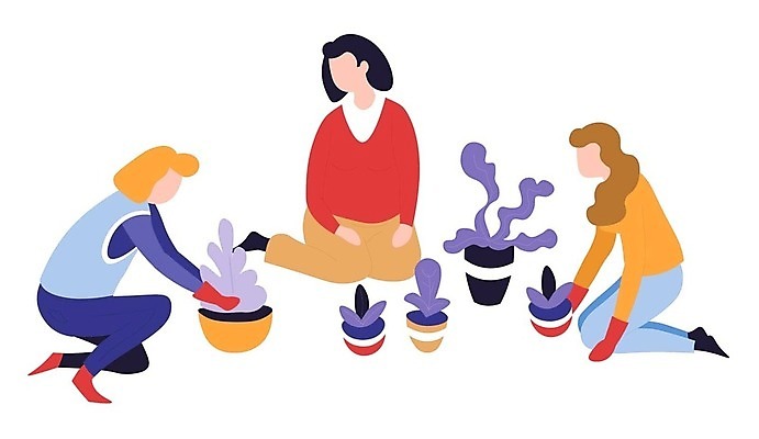 EPS 해외이미지 전신 식물 여자 화분 장갑 일러스트 성인 취미 세명 화목 무릎꿇기 원예 성인여자만 해외202310 해외일러스트 잡화 컨셉 모션 사람 여자만 성인만 파일형식 벡터