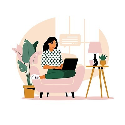 EPS 해외이미지 전신 식물 여자 화분 분홍색 말풍선 일러스트 비즈니스 한명 앉기 성인 초록색 노트북 소파 업무 성인여자한명만 해외202310 해외일러스트 1 컬러 의자 모션 사람 전자제품 작업 여자한명만 성인여자만 파일형식 벡터