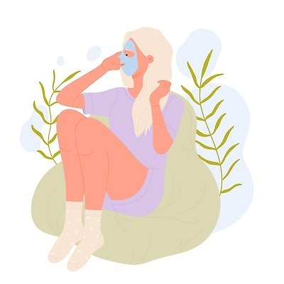 EPS 해외이미지 여자 쿠션 일러스트 휴식 관리 한명 성인 풀잎 피부관리 팩 성인여자한명만 해외일러스트 1 컨셉 잎 사람 뷰티 화장품 풀_식물 여자한명만 성인여자만 파일형식 벡터