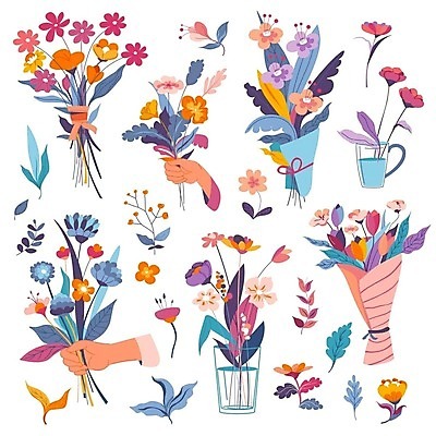 EPS 해외이미지 무료이미지 손 꽃 꽃다발 일러스트 들기 신체부위 다양 물컵 해외202310 해외일러스트 식물 다수 모션 사람 컵 파일형식 벡터