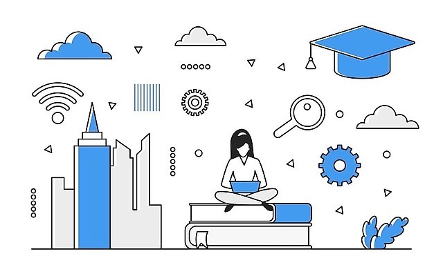 EPS 해외이미지 전신 무료이미지 여자 일러스트 비즈니스 학사모 돋보기 한명 앉기 성인 건물 책 파란색 노트북 분석 데이터베이스 성인여자한명만 해외202310 해외일러스트 모자_잡화 1 건축물 컬러 컨셉 졸업 모션 사람 전자제품 여자한명만 성인여자만 파일형식 벡터