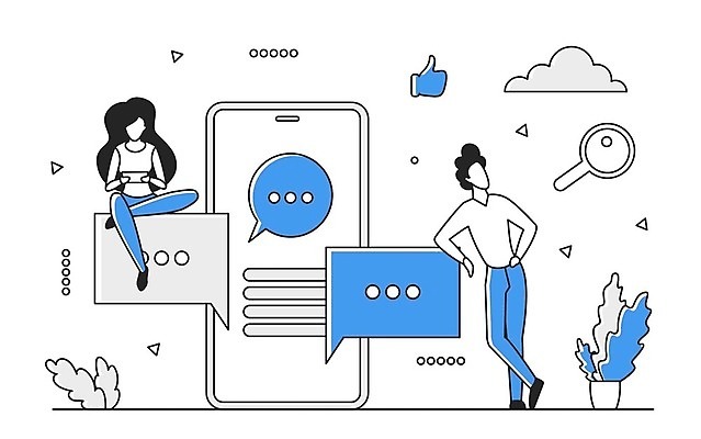 EPS 해외이미지 전신 여자 남자 말풍선 일러스트 비즈니스 성인 두명 파란색 스마트폰 디지털 정보 업무 스마트 분석 온라인 경영 데이터베이스 인터페이스 해외202310 해외일러스트 컬러 컨셉 사람 핸드폰 스마트기기 작업 파일형식 벡터