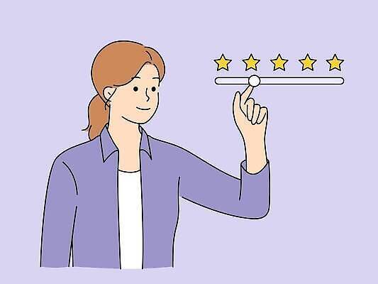 EPS 해외이미지 여자 일러스트 비즈니스 한명 상반신 성인 보라색 터치 별점 피드백 성인여자한명만 해외202310 해외일러스트 1 컬러 사람 점수 평가 여자한명만 성인여자만 파일형식 벡터