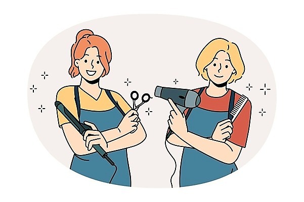 EPS 해외이미지 여자 일러스트 관리 들기 상반신 성인 두명 반짝임 뷰티 팔짱 앞치마 머리빗 드라이어 미용사 고데기 미용가위 성인여자만 해외202310 해외일러스트 직업 모션 가위_도구 사람 미용용품 헤어용품 여자만 성인만 파일형식 벡터