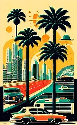 JPG 해외이미지 포스터 도로 여행 일러스트 자동차 사람없음 건물 야자수 태양 도시 빈티지 복고 마이애미 해외202310 해외일러스트 자연요소 나무 건축물 길 육상교통 컨셉 교통시설 파일형식
