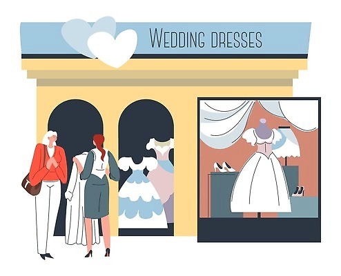 EPS 해외이미지 여자 웨딩드레스 일러스트 들기 성인 두명 쇼윈도 보여주기 웨딩샵 성인여자만 해외202310 해외일러스트 드레스 모션 사람 전시 여자만 성인만 파일형식 벡터