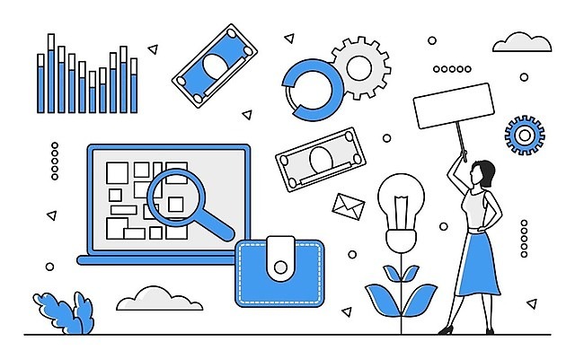 EPS 해외이미지 전신 여자 일러스트 비즈니스 한명 성인 파란색 노트북 디지털 정보 업무 표지판 스마트 분석 온라인 경영 데이터베이스 인터페이스 성인여자한명만 해외202310 해외일러스트 1 컬러 컨셉 알림판 사람 전자제품 작업 여자한명만 성인여자만 파일형식 벡터