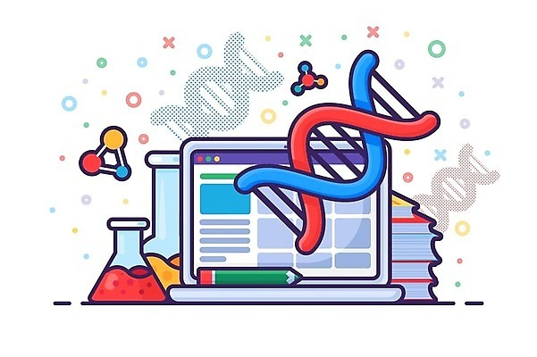 EPS 해외이미지 디자인 일러스트 사람없음 노트북 연필 DNA 삼각플라스크 유전공학 해외202310 해외일러스트 학용품 전자제품 필기구 생명공학 플라스크 공학 파일형식 벡터