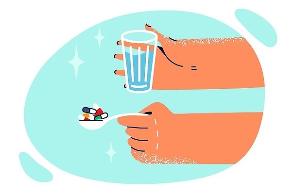 EPS 해외이미지 손 일러스트 신체부위 알약 건강관리 숟가락 물컵 영양제 해외202310 해외일러스트 수저 건강 관리 사람 컵 약 파일형식 벡터