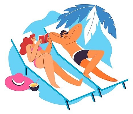 EPS 해외이미지 전신 커플 여자 남자 수영복 잎 일러스트 빨대 들기 성인 책 선글라스 눕기 선베드 코코넛 성인만 해외202310 해외일러스트 식물 옷 안경 의자 과일 관계 모션 사람 파일형식 벡터