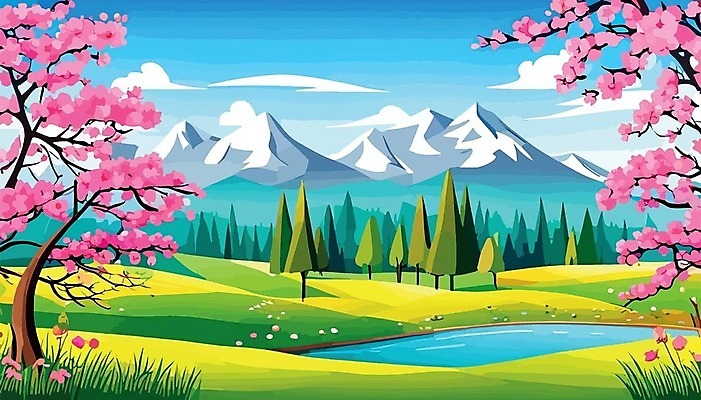 EPS 해외이미지 백그라운드 일러스트 하늘 산 꽃나무 사람없음 물 강 들꽃 분위기 해외202310 해외일러스트 자연요소 나무 꽃 컨셉 파일형식 벡터