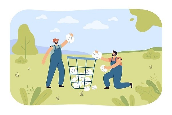 EPS 해외이미지 전신 나무 남자 잎 일러스트 성인 두명 그린캠페인 쓰레기통 넣기 쓰레기줍기 성인남자만 해외202310 해외일러스트 식물 캠페인 모션 사람 남자만 성인만 파일형식 벡터 줍기