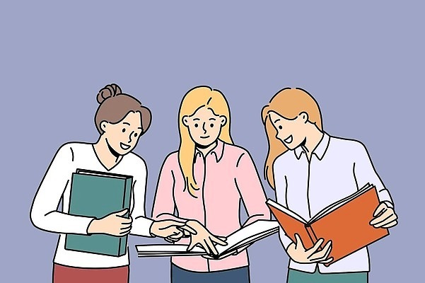 EPS 해외이미지 여자 와이셔츠 일러스트 비즈니스 들기 성인 책 세명 독서 읽기 성인여자만 해외202310 해외일러스트 셔츠 모션 사람 여자만 성인만 파일형식 벡터