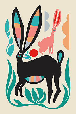 JPG 해외이미지 포스터 백그라운드 두마리 무늬 일러스트 추상 사람없음 컬러풀 토끼 풀잎 그림 기하학 해외202310 해외일러스트 컬러 잎 2 포유류 반려동물 풀_식물 파일형식